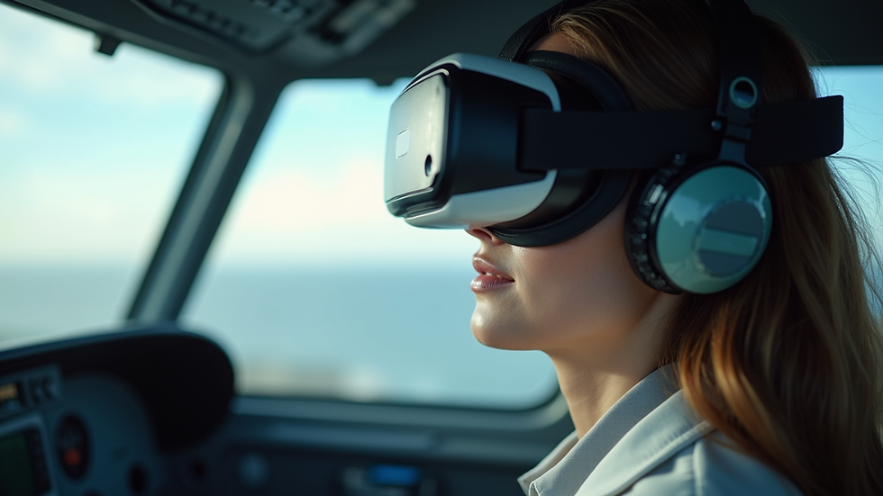 Eye-level view of a pilot using a virtual reality headset for aviation safety training