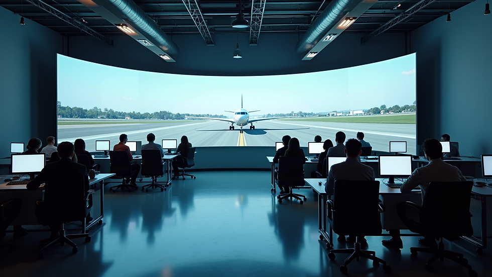 High angle view of an aviation training center with virtual reality stations
