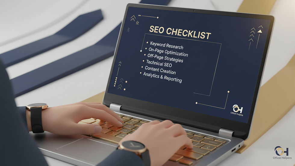 Close-up view of a person typing on a laptop with SEO checklist on screen