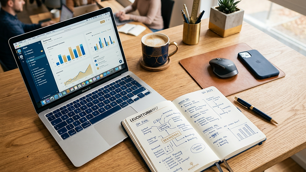 Schreibtisch von oben: Laptop mit Dashboard, aufgeschlagenes Notizbuch, Kaffeetasse und Smartphone