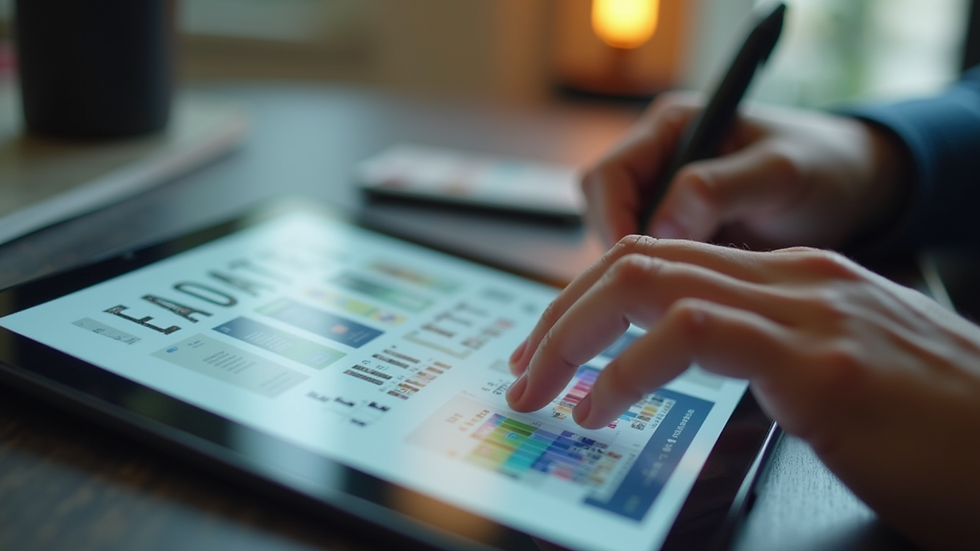 Close-up view of a designer working on a website layout on a tablet