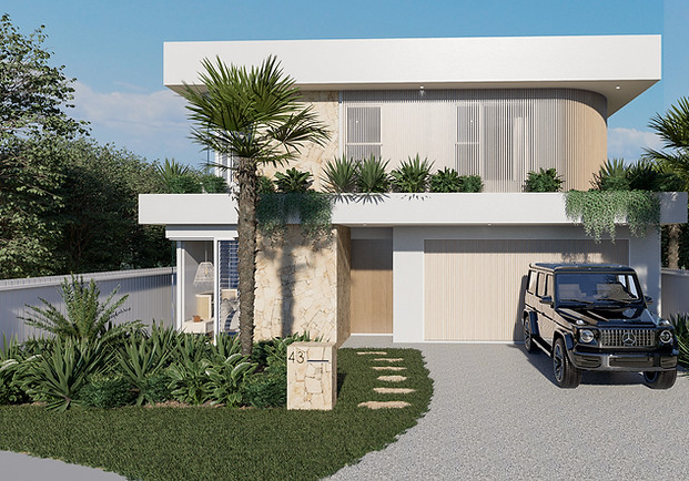 Family home that echos beach inspired design with sandstone elements of the facade as well as light wood batten screens
