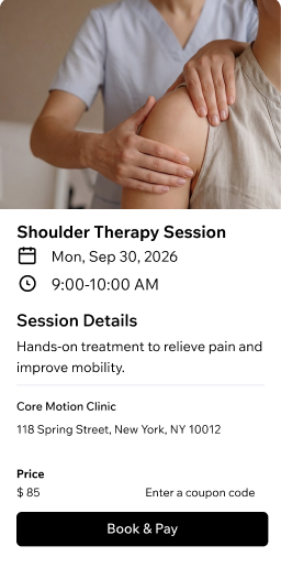 Booking page for a shoulder therapy session showing a therapist treating a patient's shoulder, with date, location, and an $85 book and pay option