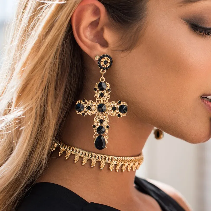 Baroque Bohemian Crystal Cross Drop Earrings