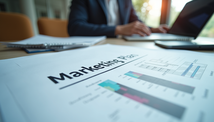 Close-up view of marketing plans and notes on a desk with a laptop