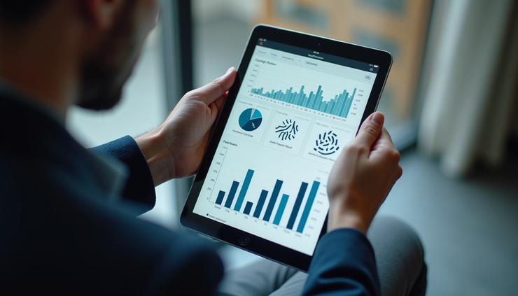 High angle view of a marketing director reviewing campaign results on a tablet