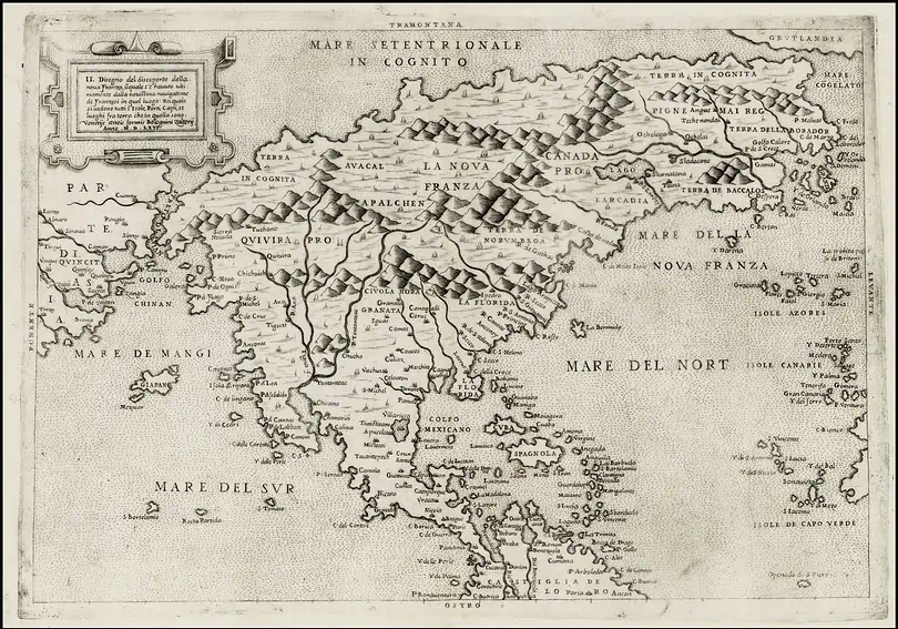 Mapa da América do Norte publicado pela primeira vez por Paolo Furlani em 1565 é rotulado com "Terra In Cognita" e "Mare In Cognito"