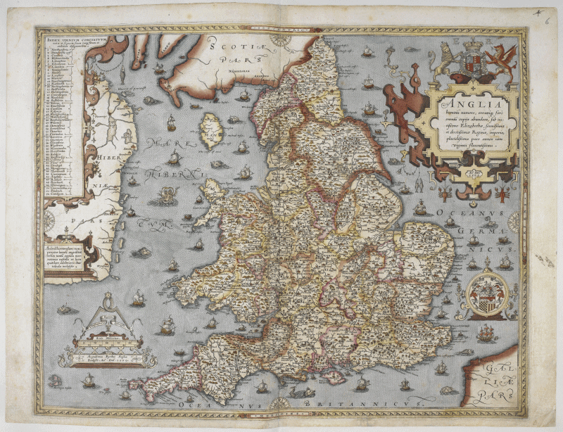 Mapa digitalizado dos condados da Inglaterra, 1579. 