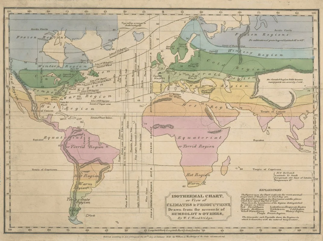 As linhas isotérmicas de Humboldt, que mostram regiões com a mesma temperatura média, aparecem neste mapa-múndi de um atlas de 1823. 