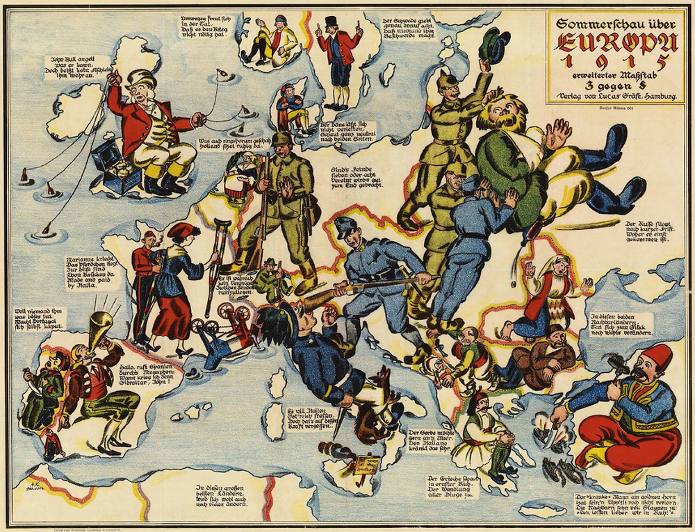 Um mapa pictórico de 1915 que mostra a visão alemã da situação na Europa. A França está de muletas, a Itália está sendo atingida no rosto pela Áustria e a Turquia está comendo navios de guerra aliados.