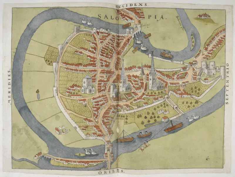 Mapa digitalizado de Shrewsbury, Shropshire, com anotações a mão de Burghley