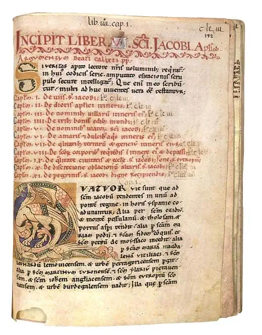 Índice do Livro V do códice, o “Guia do Peregrino”. Facsimile,