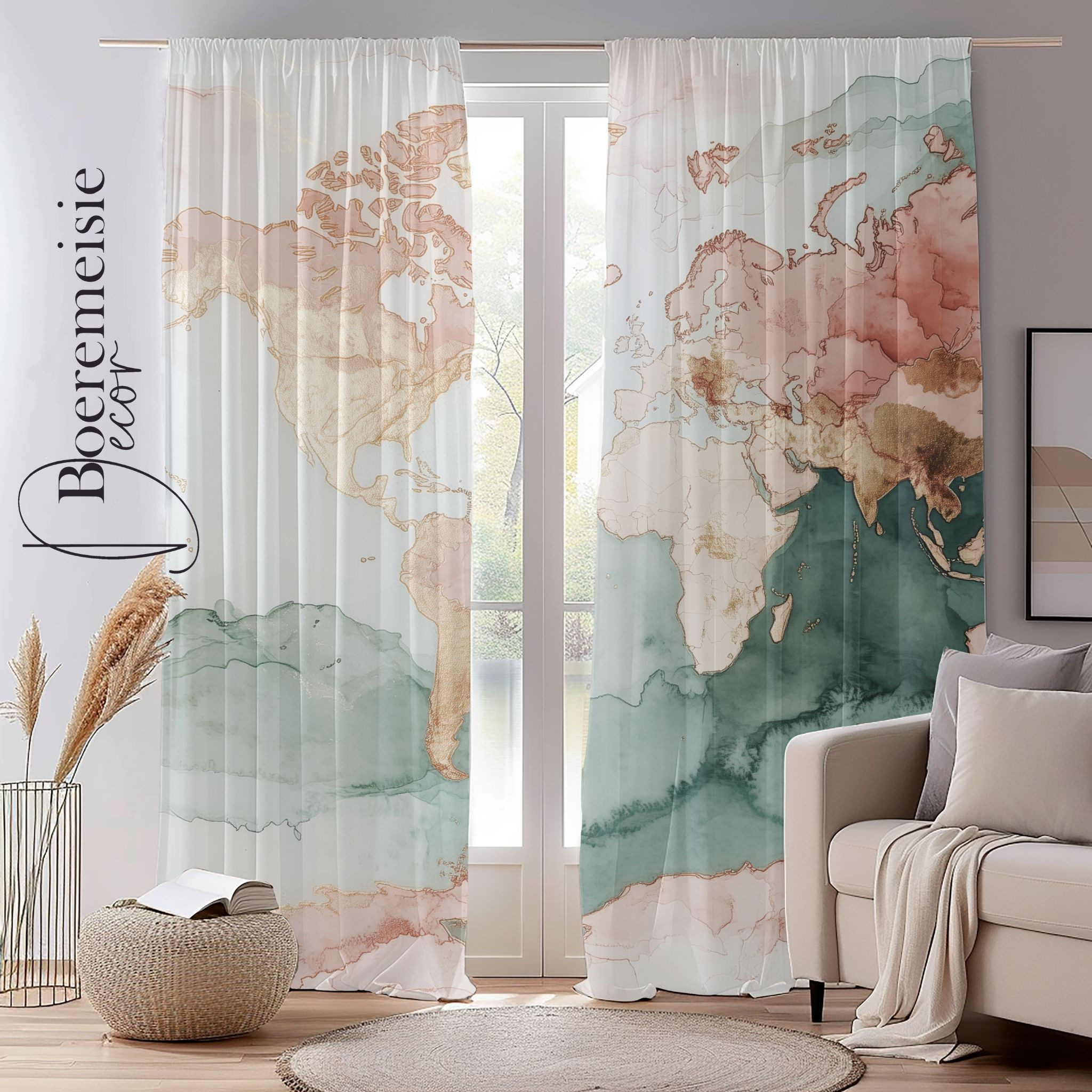 world map pink curtain