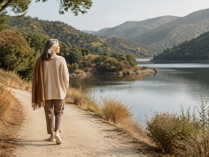 Une femme mature marche paisiblement au bord d’un lac, entourée par la nature, symbolisant un nouveau départ et la possibilité de se choisir à nouveau après 50 ans.
