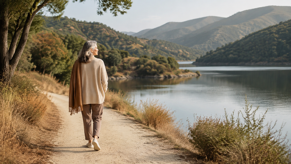 Une femme mature marche paisiblement au bord d’un lac, entourée par la nature, symbolisant un nouveau départ et la possibilité de se choisir à nouveau après 50 ans.
