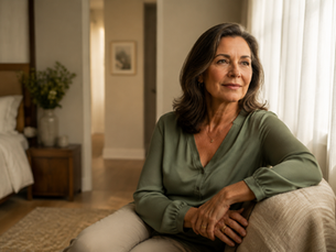 Femme mature et sereine chez elle, illustrant un article sur la ménopause et les fuites urinaires.