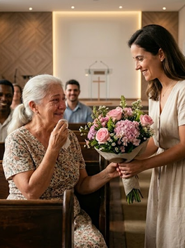 mãe recebendo homenagem na igreja