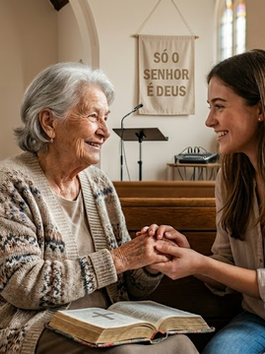 mulher idosa conversando com mulher jovem na igreja