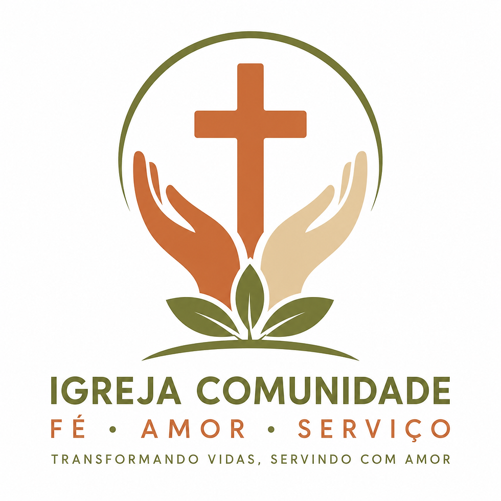 Logo de igreja com cruz e mãos, folhas verdes; texto Igreja Comunidade, Fé, Amor, Serviço.