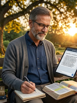 Homem idoso em banco no jardim, escrevendo num caderno, com Bíblia e tablet exibindo texto ao pôr do sol.