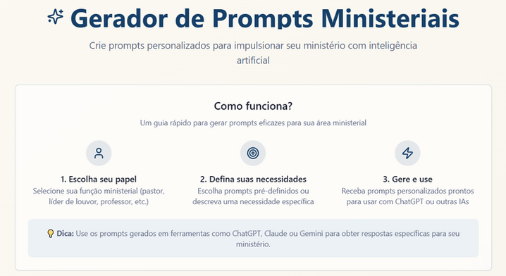 imagem da página inicial do gerador de prompt de IA para líderes de ministérios de igreja