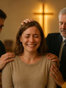 mulher nova convertida recebendo oração da igreja