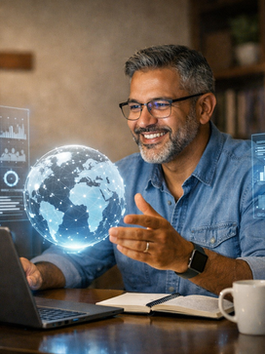 Homem sorridente interage com hologramas de cabeça digital e globo em laptop. Fundo com livros e cruz. Ambiente de escritório moderno.