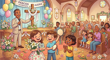 desenho de pessoas celebrando a páscoa na igreja