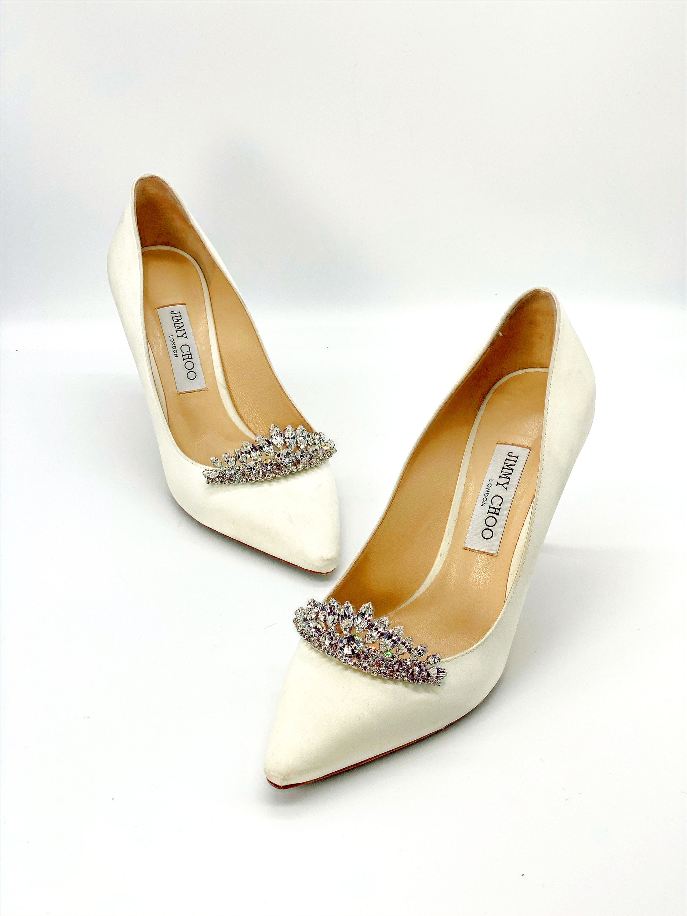 Jimmy Choo Women's White Romy 85 Ivory Satin Pointy Toe Pumps With Crystal Tiara