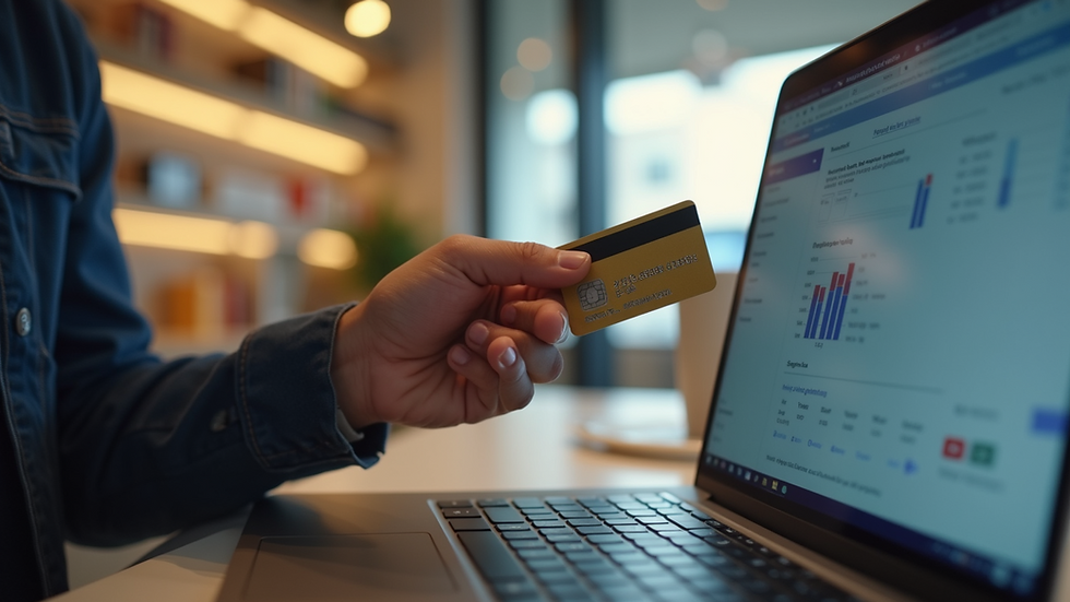 Eye-level view of a person using a credit card for online shopping