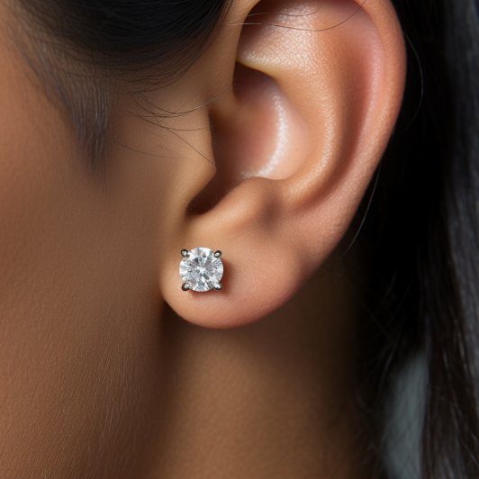 Thumbnail: 14K white gold diamond stud earrings with round brilliant-cut diamonds on white background.