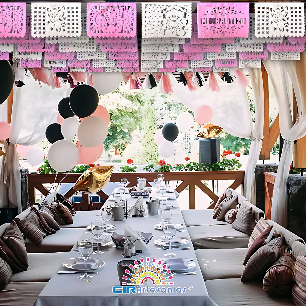 Miniatura: Decoración de papel picado bautizo niña rosa con blanco