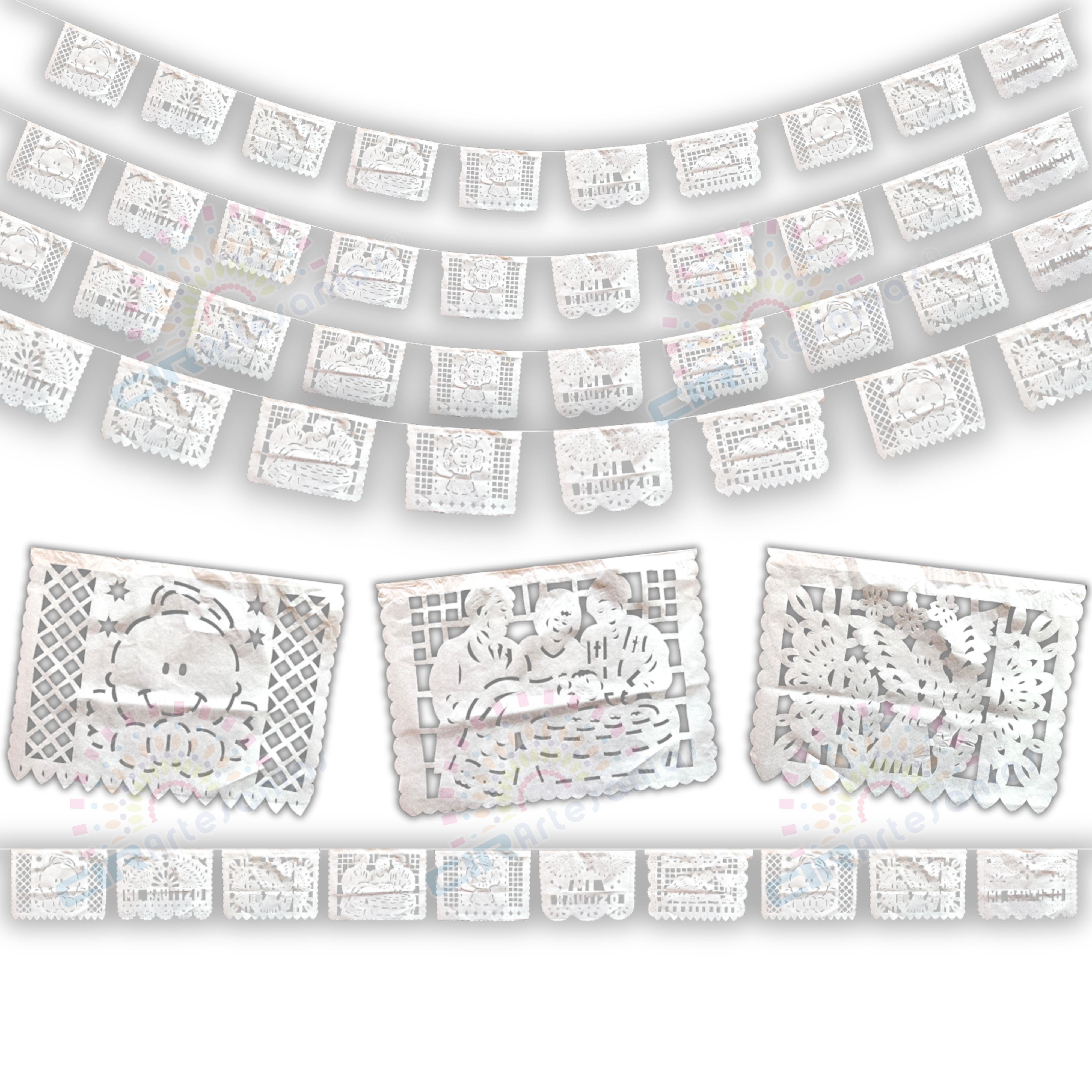 Tira papel picado bautizo blanco