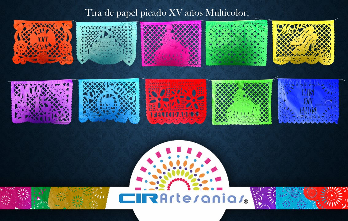 Paquete con 10 tiras de papel picado XV años Multicolor