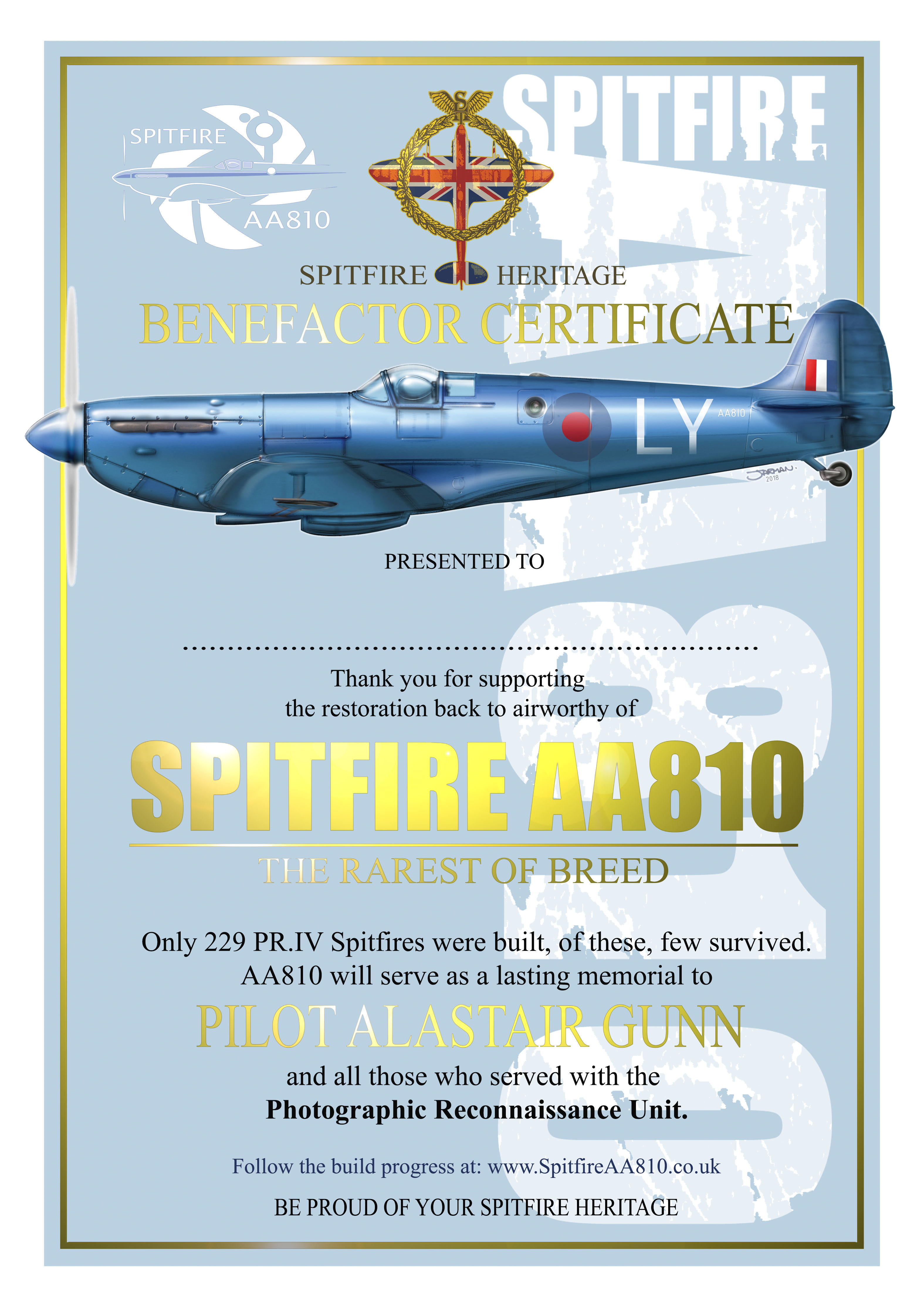 Spitfire AA810 Benefactor Certificate
