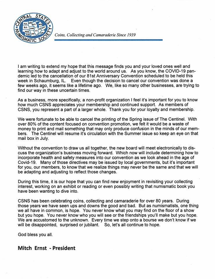 Message from Central States President Mitch Ernst about cancelling the 2020 Central States Numismatic Society Convention.