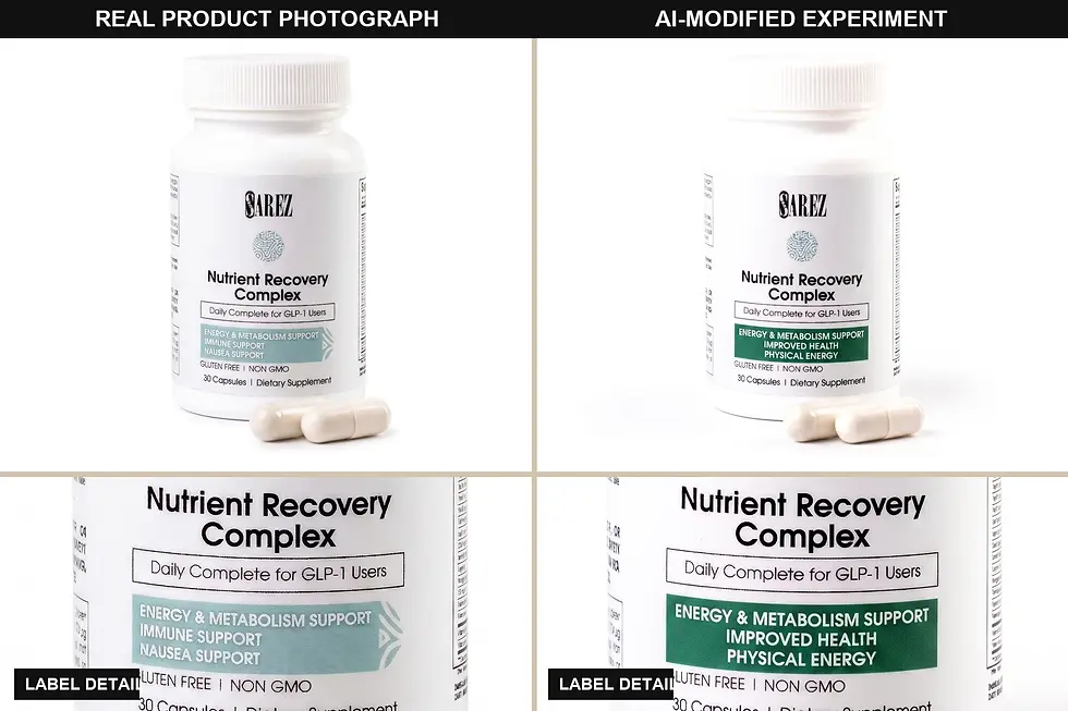 Side-by-side comparison of a real Sarez food supplement package and an AI-modified version with changed benefit text, panel color, typography and label layout.