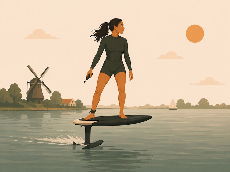 E-foiling experiences in Amsterdam with a windmill background