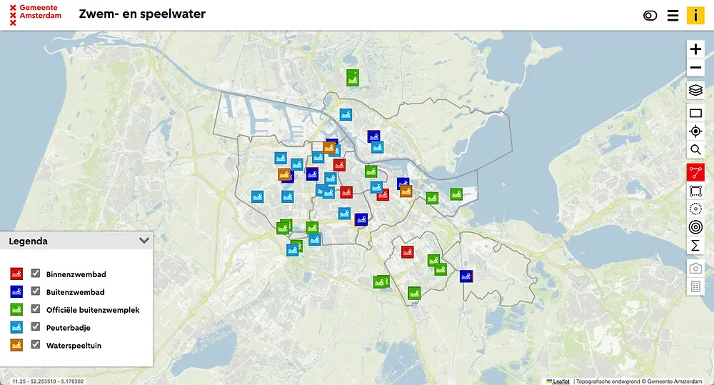 Map of Amsterdam showing the best swimming spots in the Netherlands.