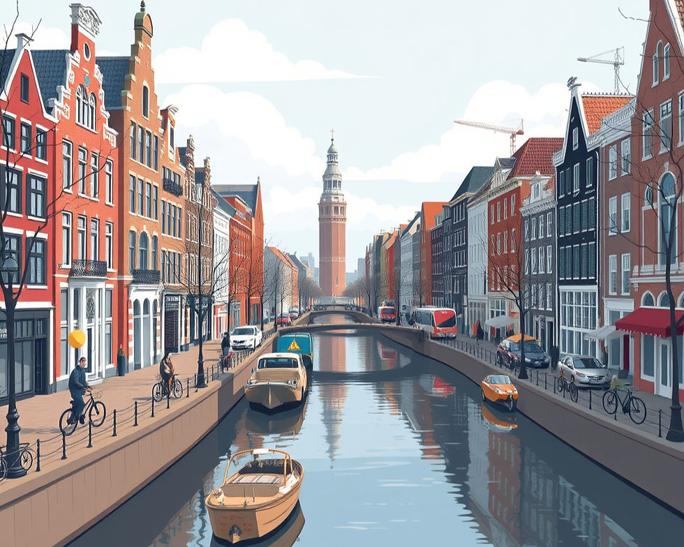 Canal lined with colorful Dutch buildings, cyclists, and boats under a tall tower on a bright day.