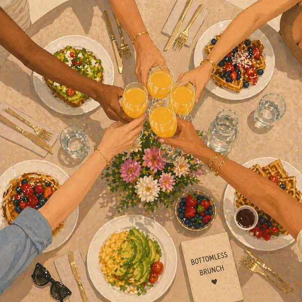 Friends toasting with orange juice during experiences in Amsterdam brunch.