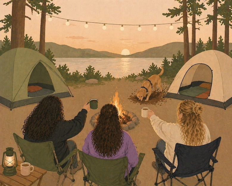 Friends camping by a lake at sunset with a campfire.