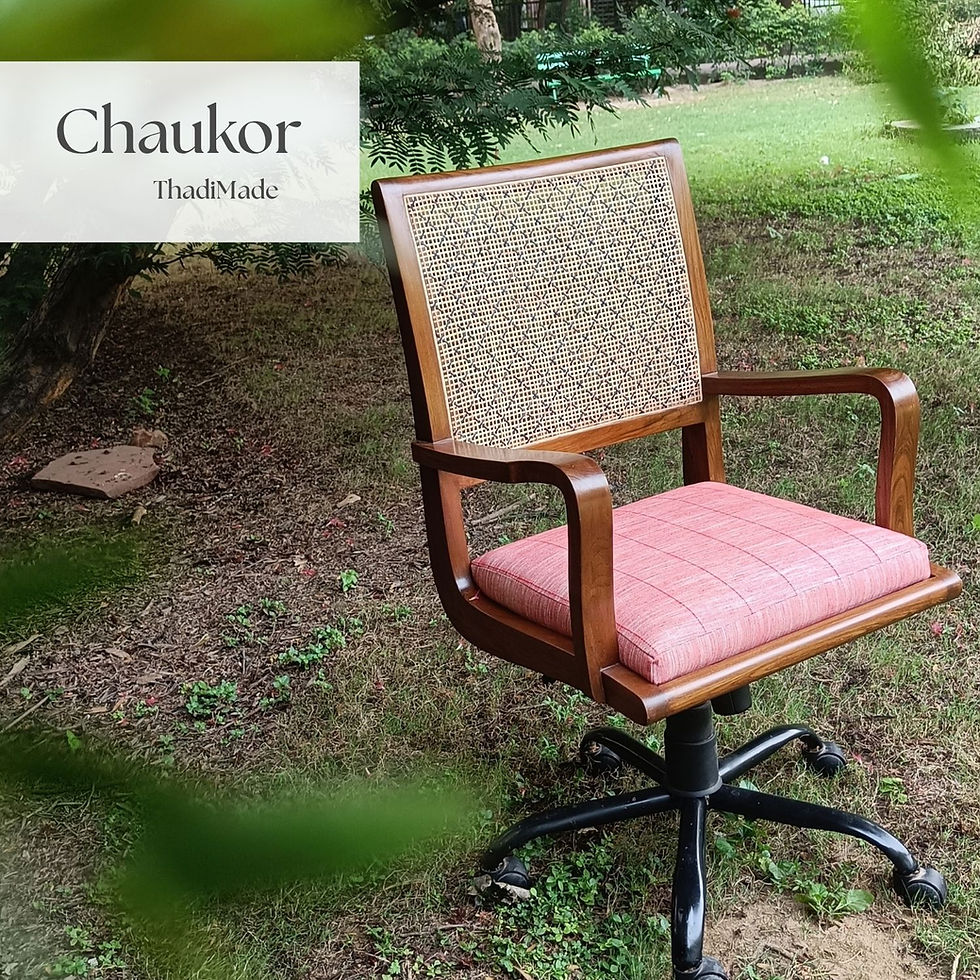Chaukor teak wood cane office chair with two-colour (Dark Grey and Natural) woven cane back and pink seat