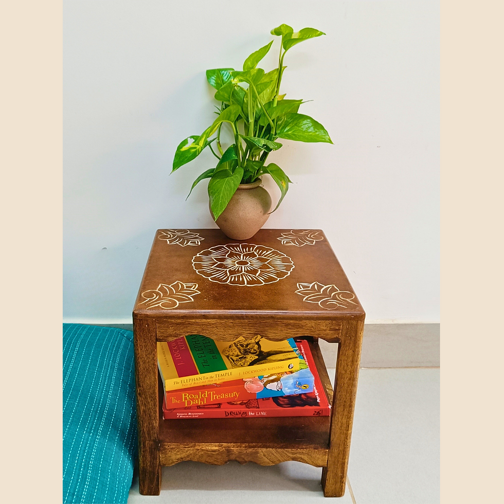 Compact wooden stool with floral white detailing and bottom shelf - Re:Thadi, Delhi
