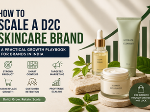 Growth framework showing content, marketing, customer retention and marketplace strategies for scaling a D2C skincare brand in India