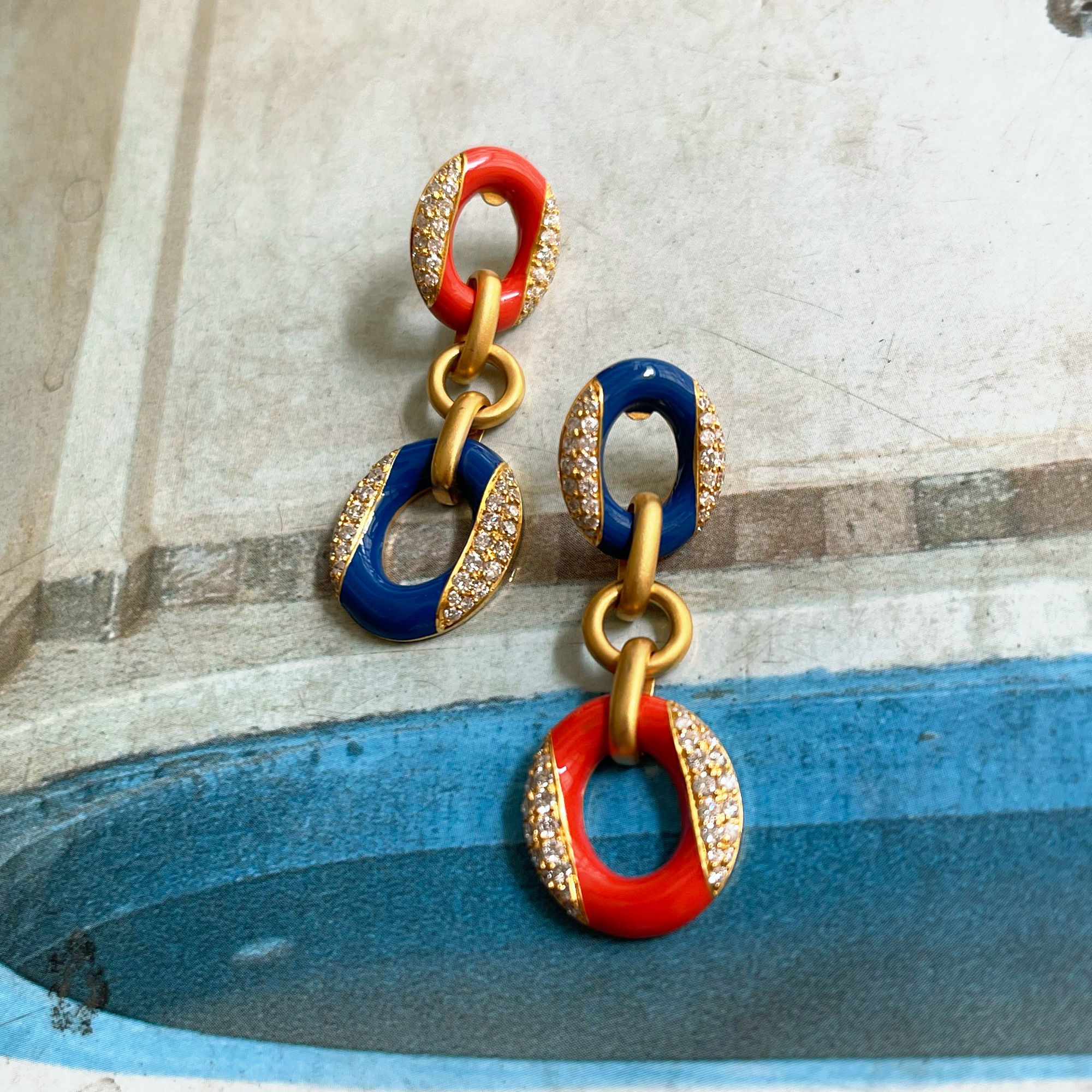 Blue and Orange Enamel Diamond Earrings