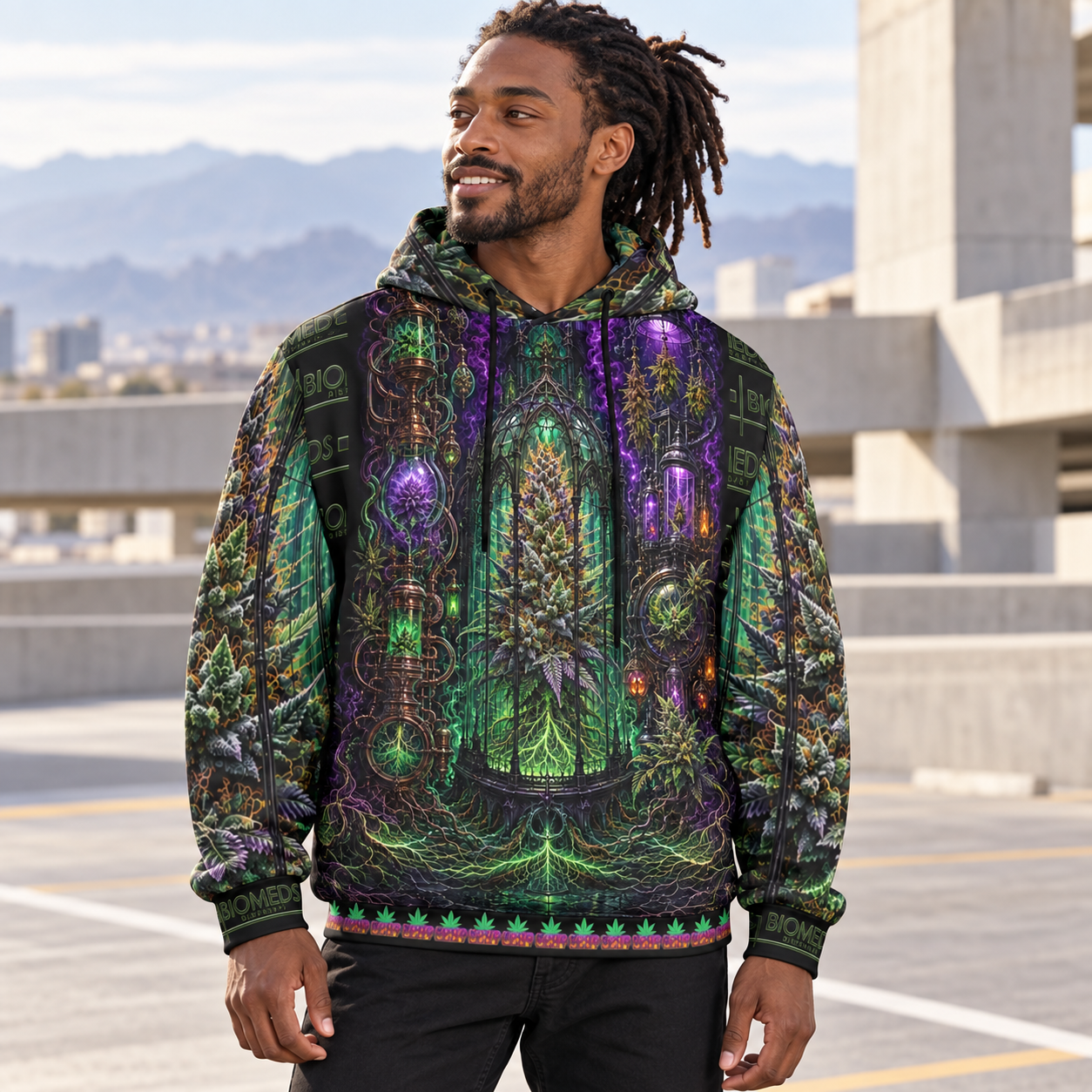 Haunted Graveyard of Broken Blunts Hoodie — Variant 2 modeled lifestyle image