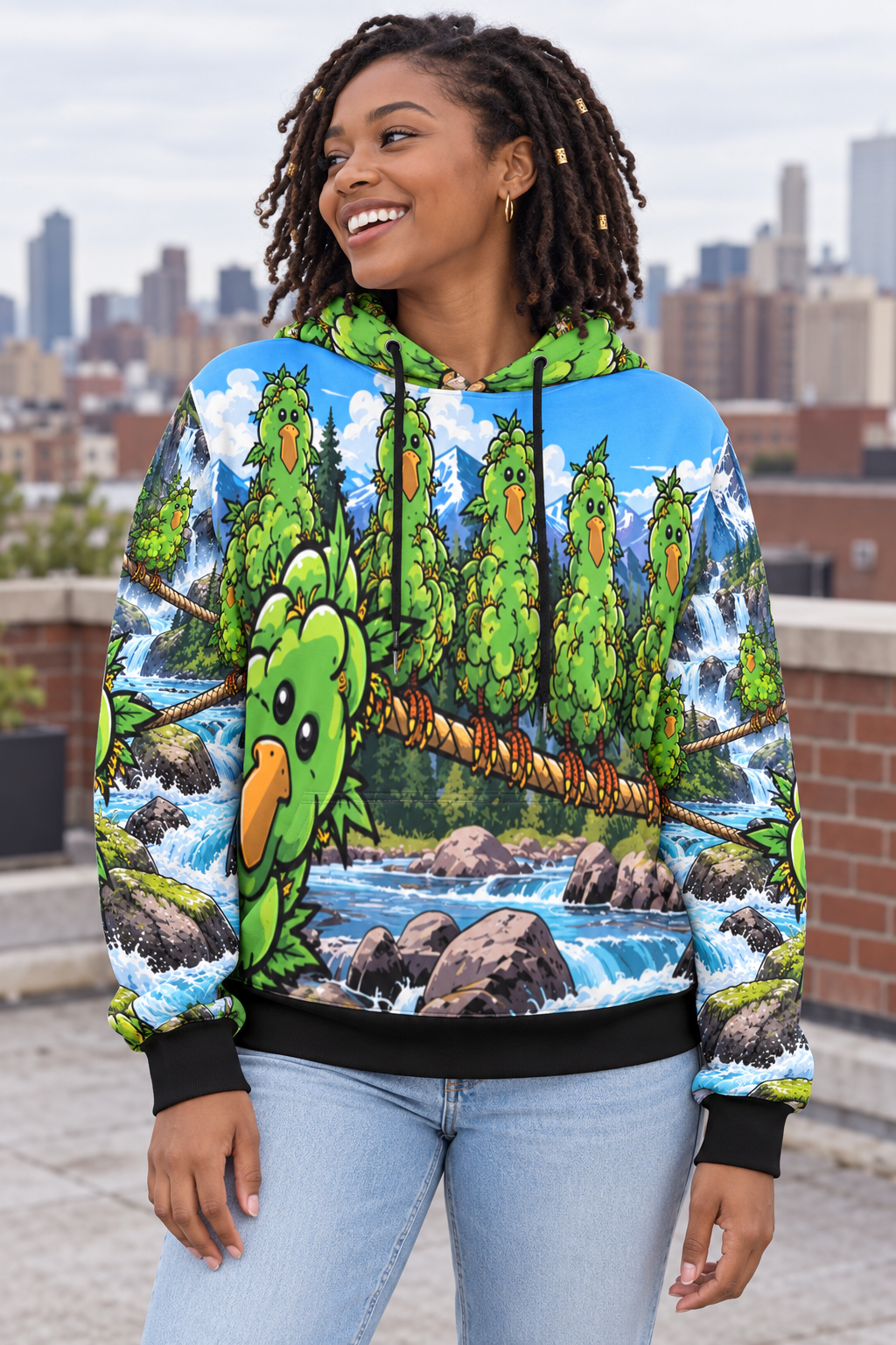 Weedegion chicks Mountain birds Men's All Over Print Hoodie (Model H61) modeled lifestyle image