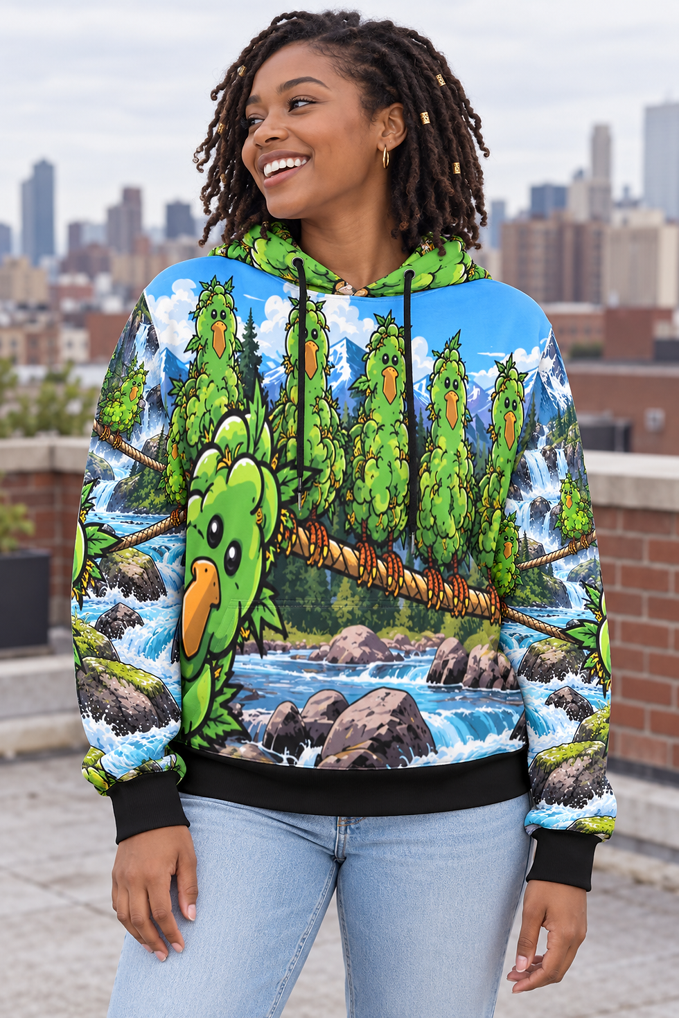 Weedegion chicks Mountain birds Men's All Over Print Hoodie (Model H61) modeled lifestyle image