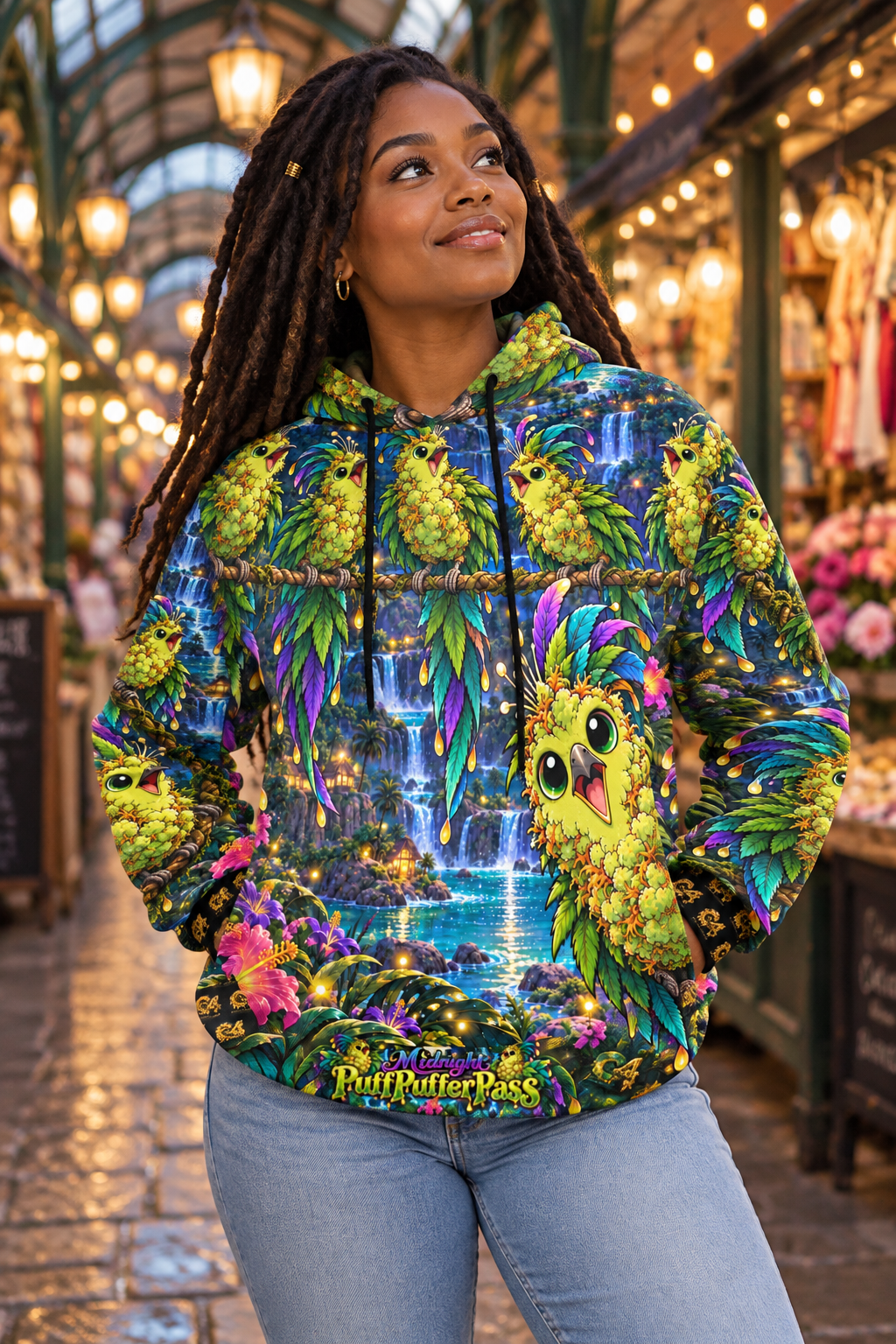 FLower-Fowl The Rare Midnight PuffPufferPass Men's All Over Print Hoodie (Model modeled lifestyle image